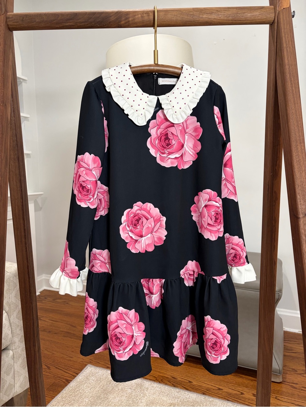 Monnalisa Girls Black Dress with Pink Rose Print and White Peter Pan Collar, 8Y